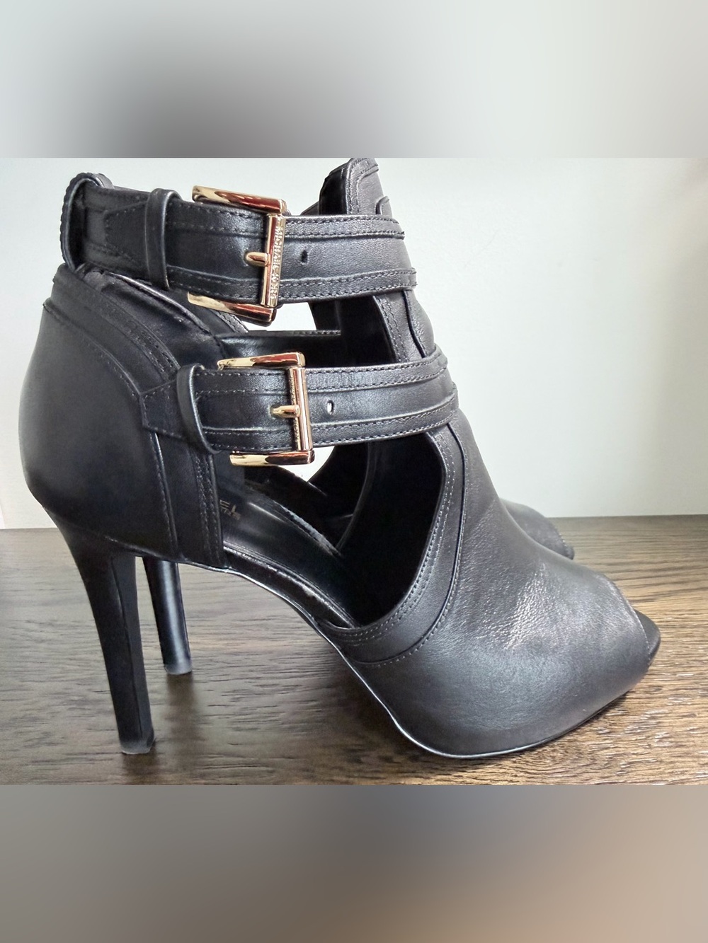 Michael Kors Black Cutout Strappy High-Heel Sandals with Gold Buckles